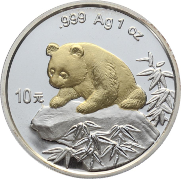 China 10 Yuan 1999 Silber Panda - 1 Unze Feinsilber - Teilvergoldet